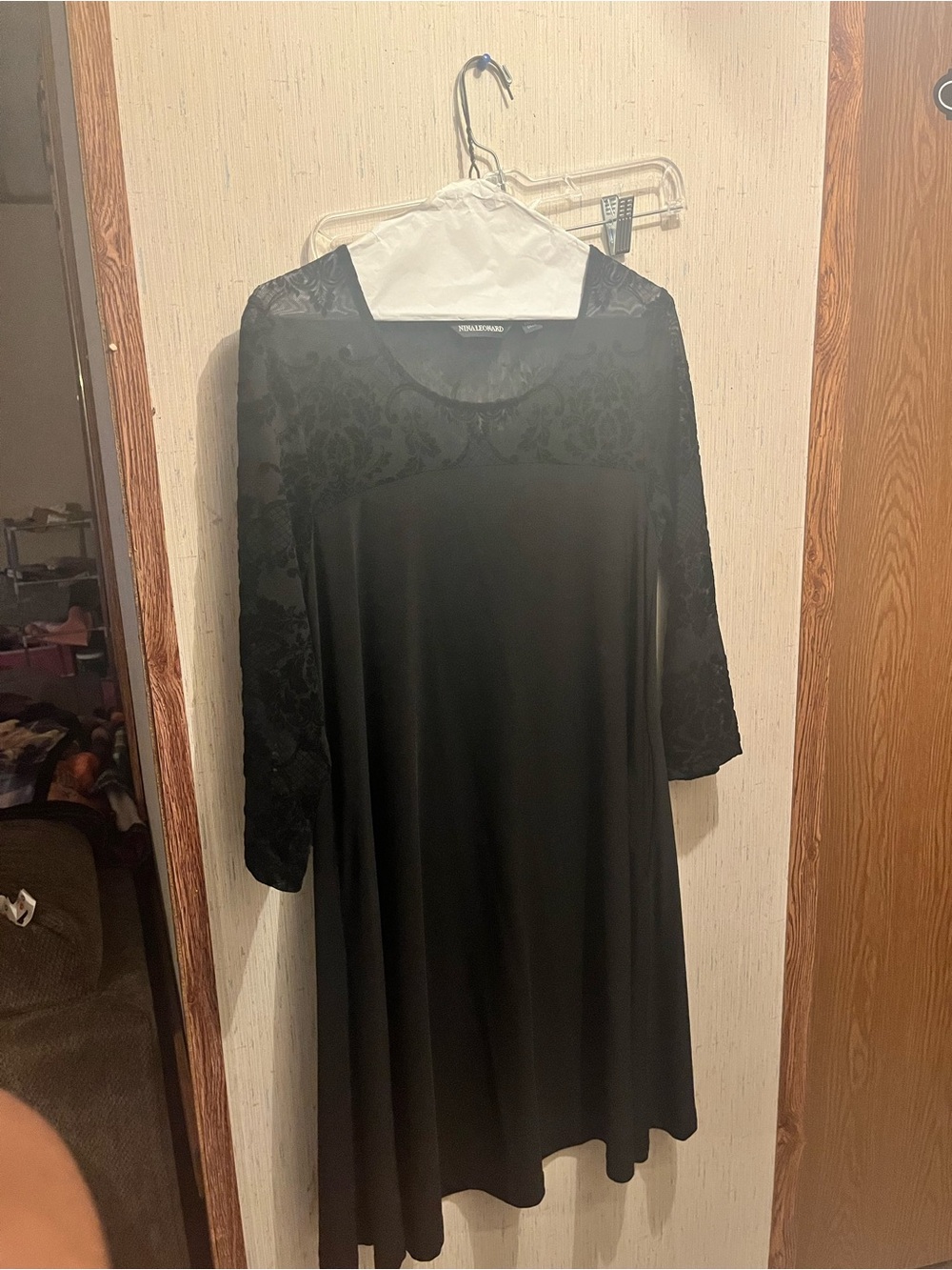 Nina Leonard Black Velvet-Panel Swing Dress with Lace Sleeves